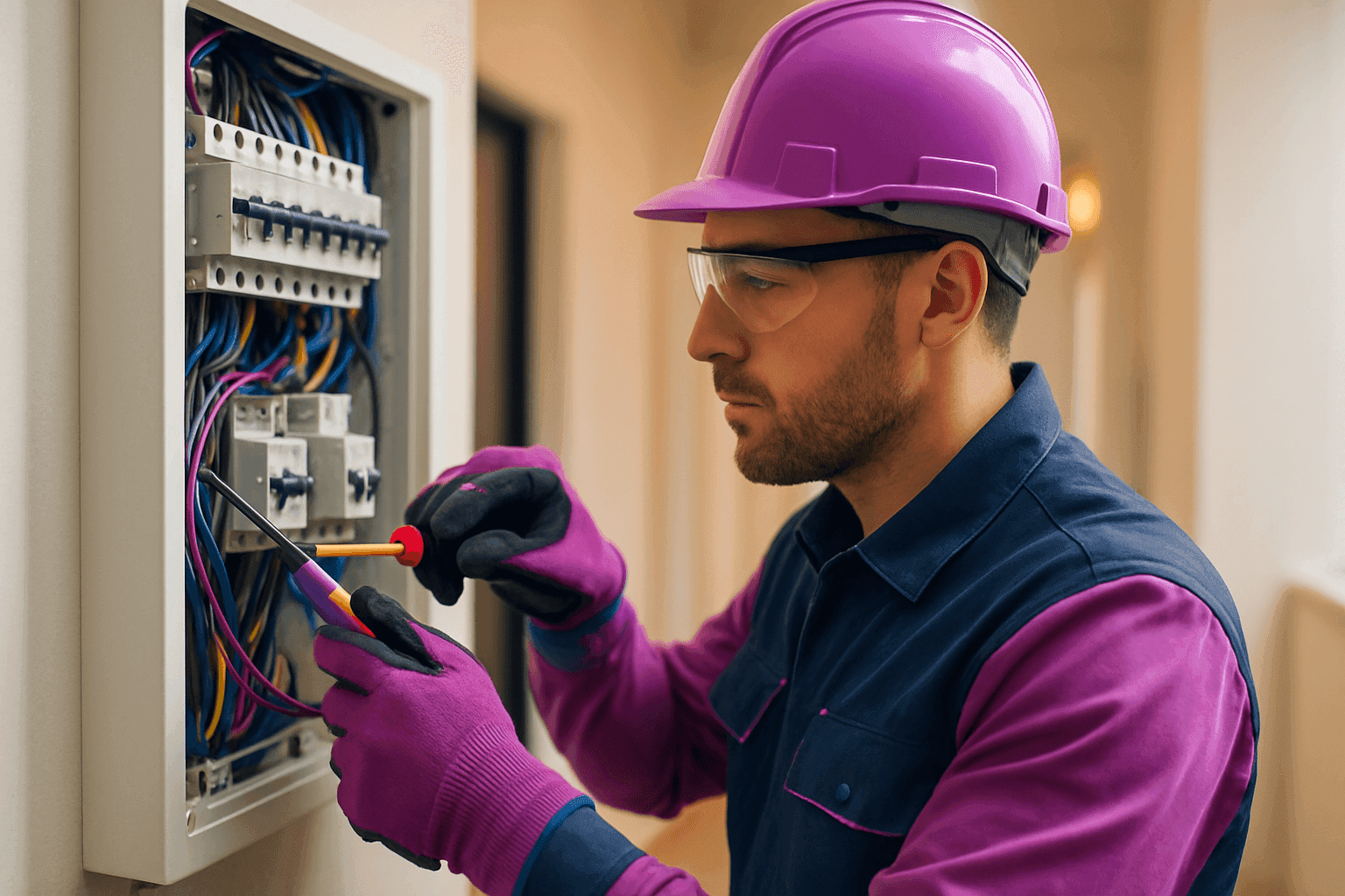 Professional electrician in PPE working on wiring inside organized electrical panel