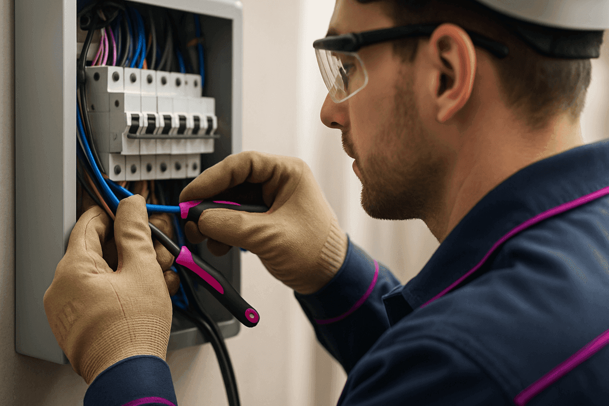 Electrician’s gloved hands connecting wires inside modern electrical panel